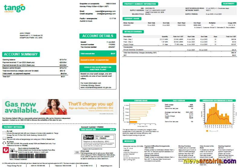 Australia Tango Energy utility bill, 2 pages